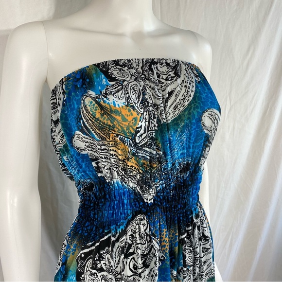 Basix Strapless Blue Paisley Design Ruffle Edge Mini Dress - Picture 3 of 8